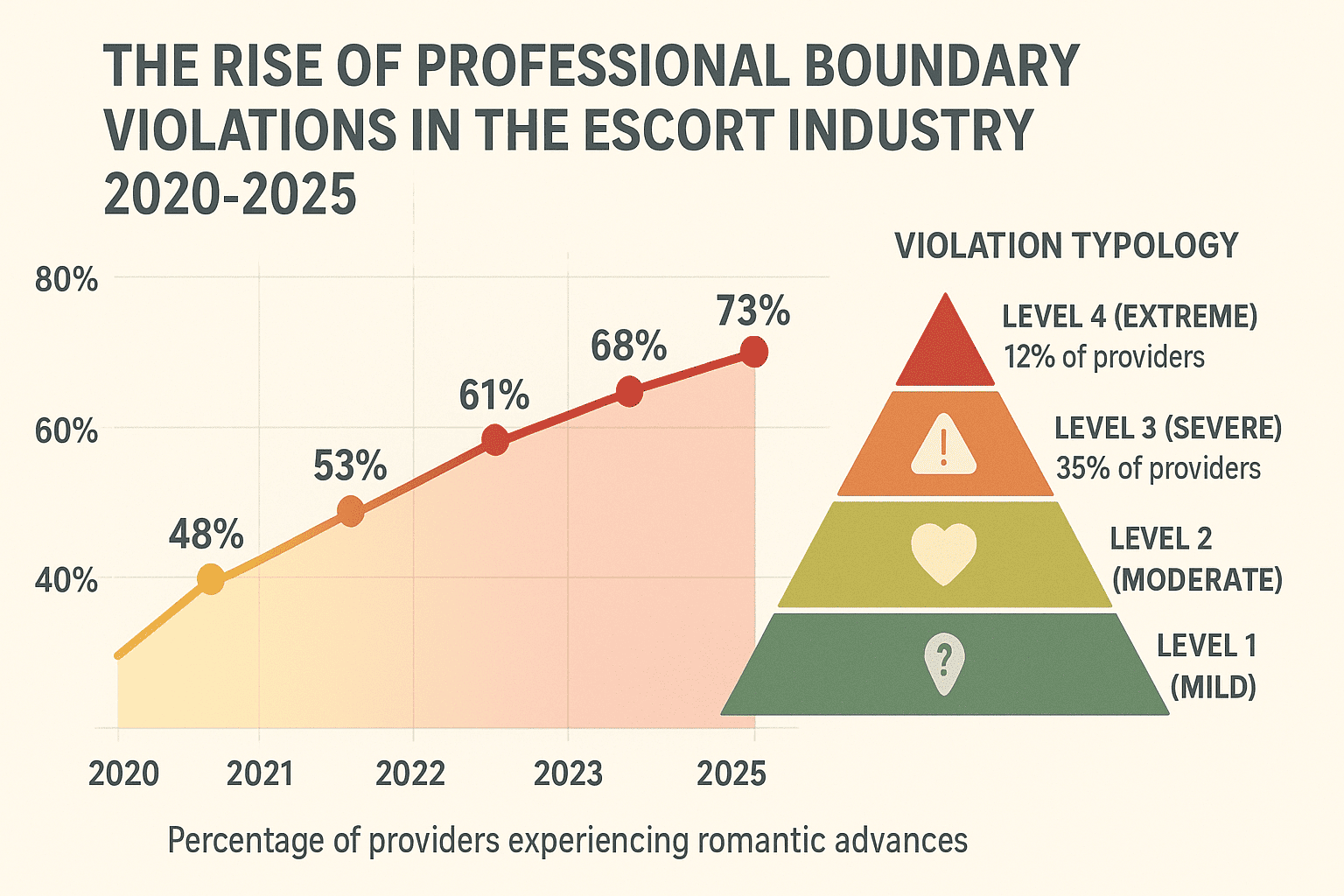 Statistical graph showing increase in boundary violations from 42% in 2020 to 73% in 2025 with four-level severity pyramid