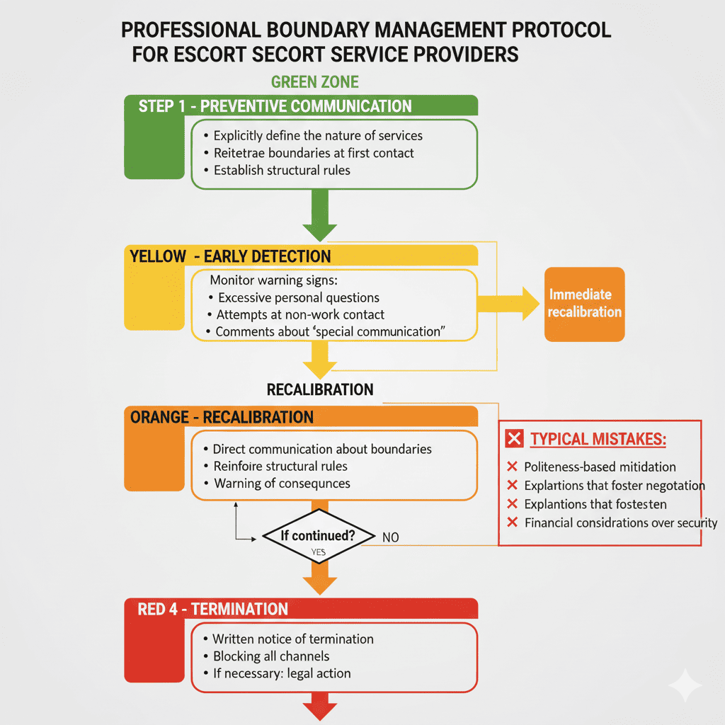 Decision tree flowchart for professional boundary management showing four stages from preventive communication to client termination with color-coded risk levels